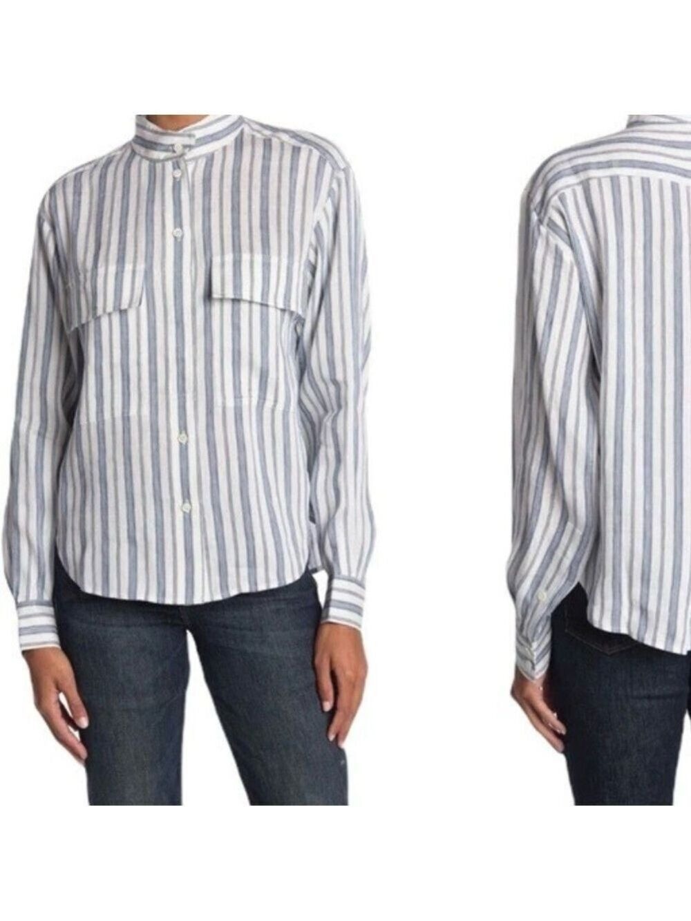 FRAME Stand-Collar Striped Linen-blend Shirt In Blue Size Small
